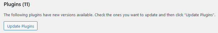 Atualize os plug-ins no painel do WordPress para corrigir problemas de segurança: Painel > Atualizações > Plug-ins
