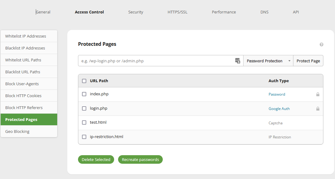 Adicionando páginas protegidas com o firewall de aplicação web Sucuri.