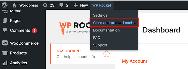 Limpando cache no WooCommerce da barra superior com WP Rocket – Fonte: WP Rocket
