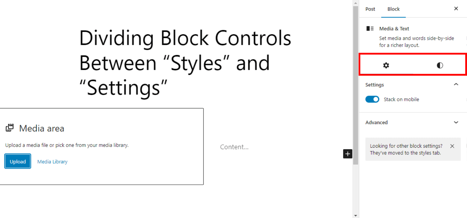 WordPress 6.2 - Dividindo os controles de bloco entre “Estilos” e “Configurações”