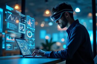 Create an ultrarealistic image of a modern corporate professional using a laptop in a futuristic office at night. The person wears a headset and is surrounded by glowing holographic data displays, charts, graphs, AI icons, and financial dashboards floating in the air. The environment reflects a high-tech, data-driven workspace with vibrant lights, glass windows, and reflections. No text in the image.