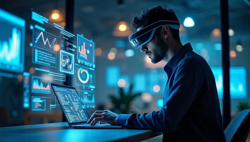 Create an ultrarealistic image of a modern corporate professional using a laptop in a futuristic office at night. The person wears a headset and is surrounded by glowing holographic data displays, charts, graphs, AI icons, and financial dashboards floating in the air. The environment reflects a high-tech, data-driven workspace with vibrant lights, glass windows, and reflections. No text in the image.